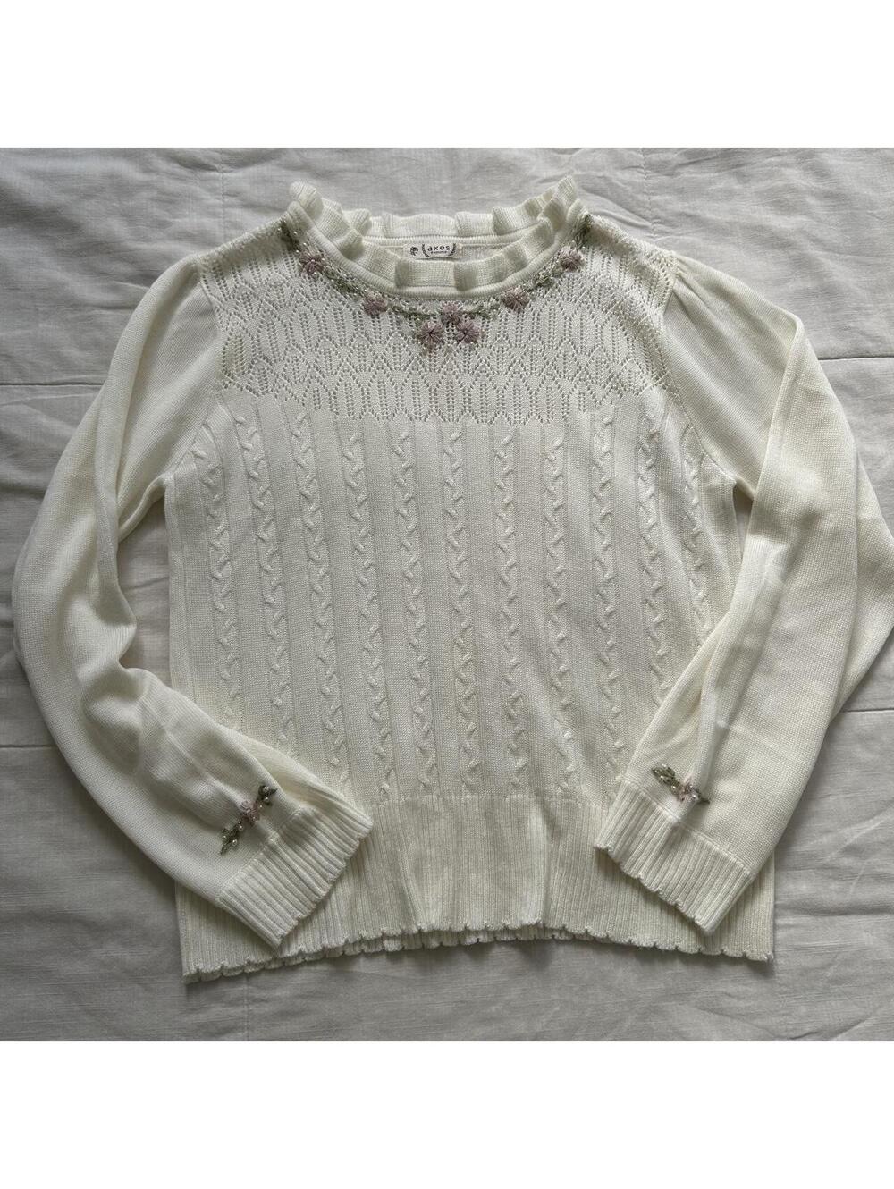 Axes Femme Ivory Cable Knit Pointelle Sweater Floral Detail Size M Japan